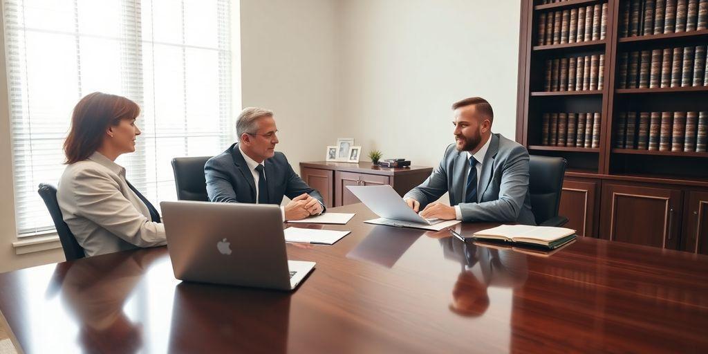Client and lawyer shaking hands across a bright office desk