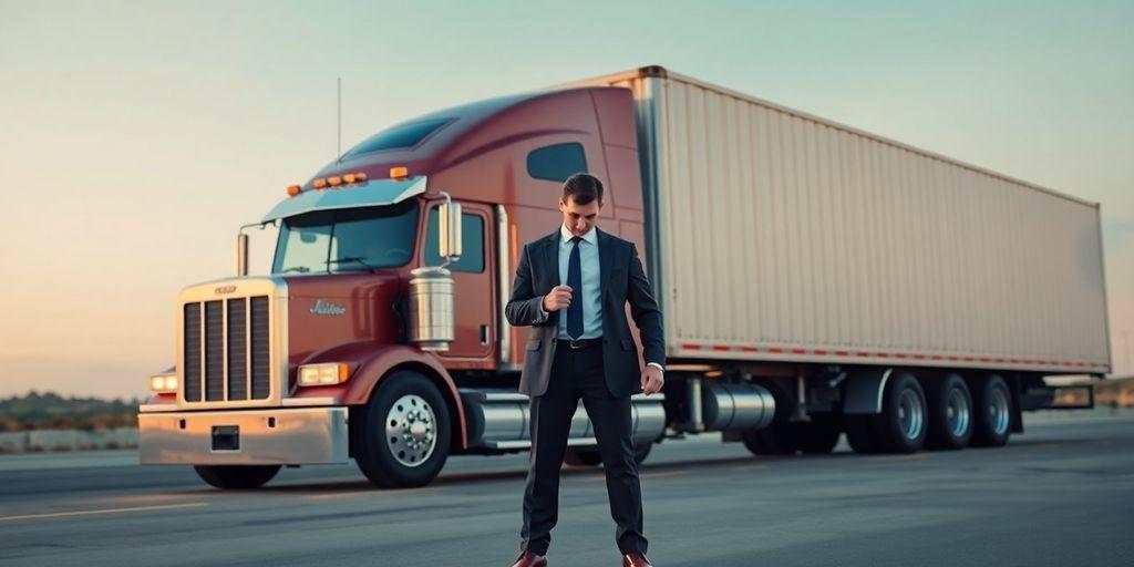 Lawyer facing off against large truck.