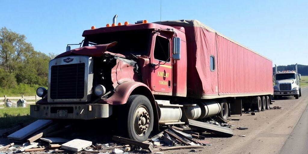 Damaged 18-wheeler truck after a collision.