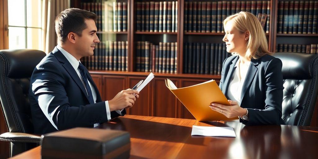 Lawyer and client seated at desk in office consultation meeting
