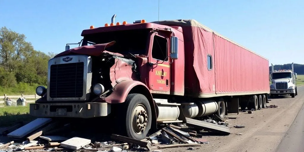 Damaged 18‑wheeler truck crash showing the aftermath of a serious truck accident case. Damaged 18‑wheeler truck crash showing the aftermath of a serious truck accident case.