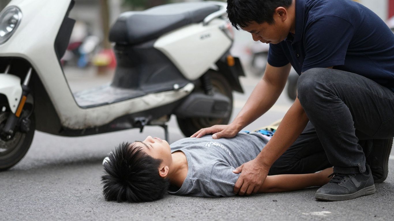 Electric scooter accident victim receiving help on a street.