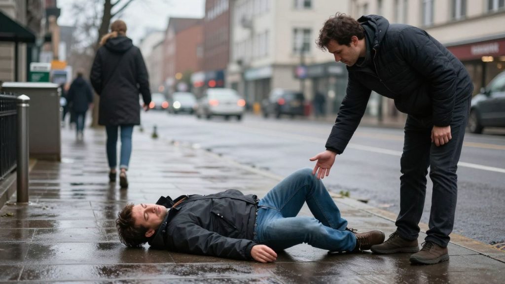 Ottawa pedestrian accident lawyer helping injured pedestrian on wet sidewalk.