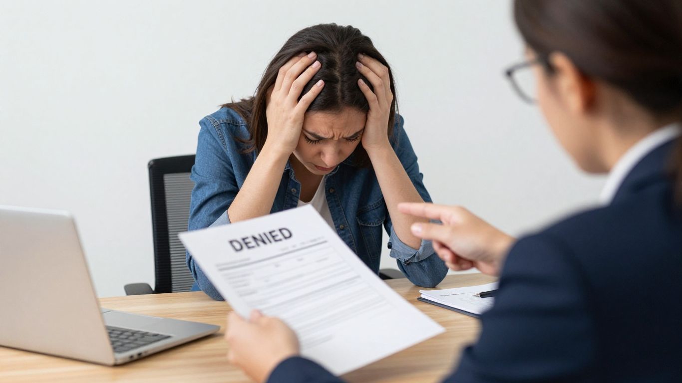 Close-up of long term disability denial letter with insurance documents and claim details