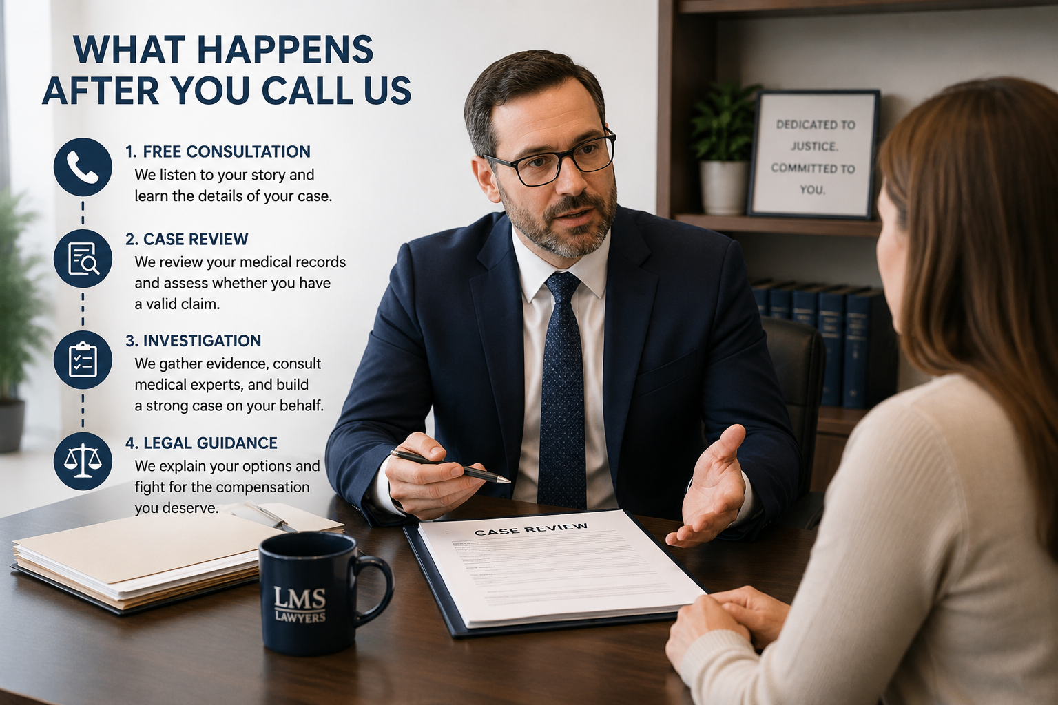 Ottawa medical malpractice lawyer explaining the legal process and next steps to a client during a free consultation