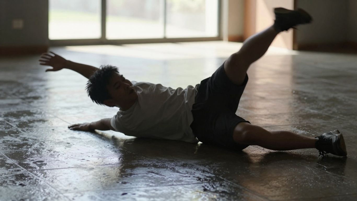 Man slipping and falling on a wet indoor floor in a premises liability accident