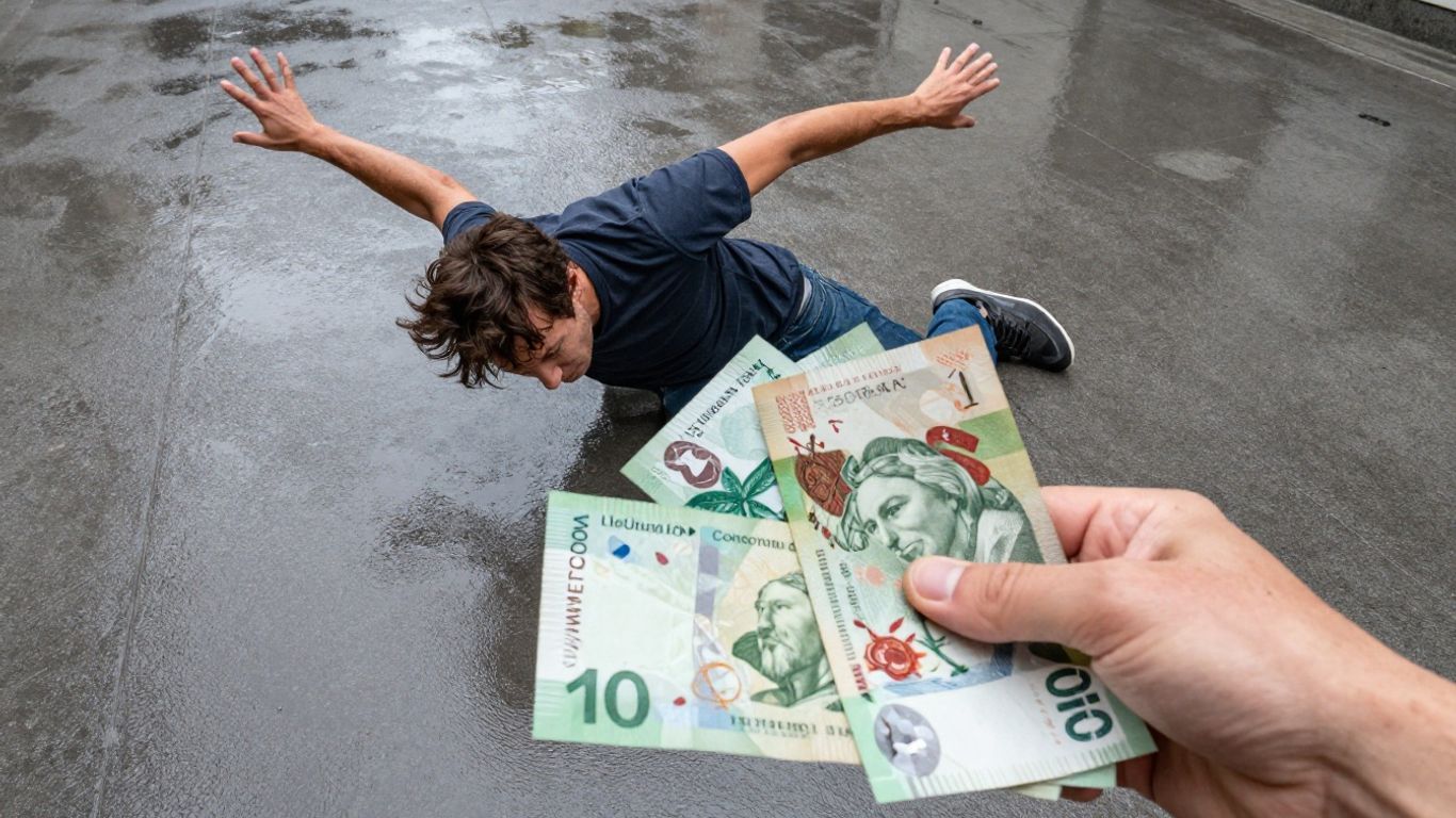 Person who slipped and fell on a wet surface with compensation amount shown in foreground