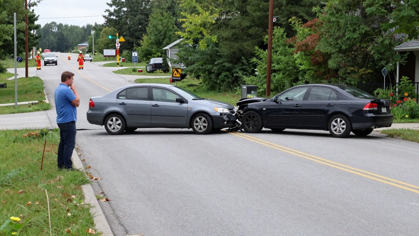Car Accident Claim Process in Ontario Begins at the Scene Man observing a car accident scene in Ontario as first responders arrive