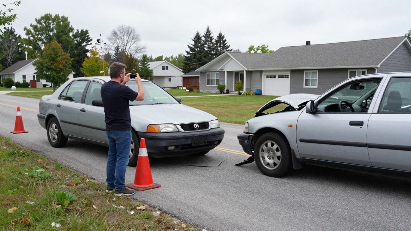 Documenting Evidence for Your Car Accident Claim in Ontario Driver photographing vehicle damage to support a car accident claim