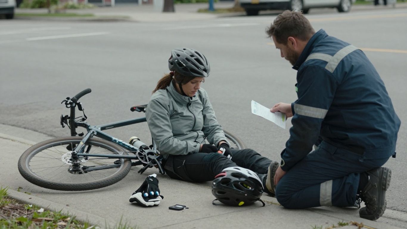 An injured cyclist sits on the pavement beside her fallen bicycle while a responder kneels down to check on her and review information after a bicycle accident.