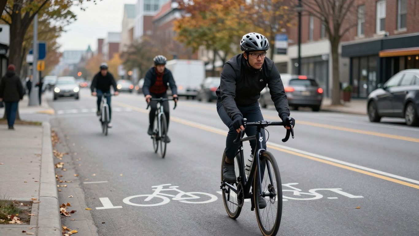 Cyclist Riding Safely in an Ottawa Bike Lane A helmeted cyclist rides in a designated bike lane on a busy Ottawa street, with two other cyclists and passing traffic visible behind him.